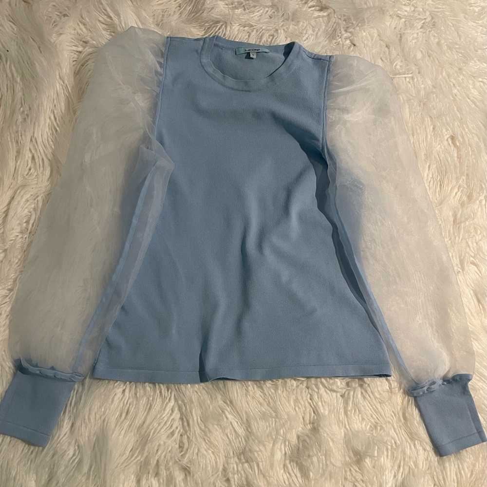 Blue Fitted Ruffled Long Sleeve Blouse